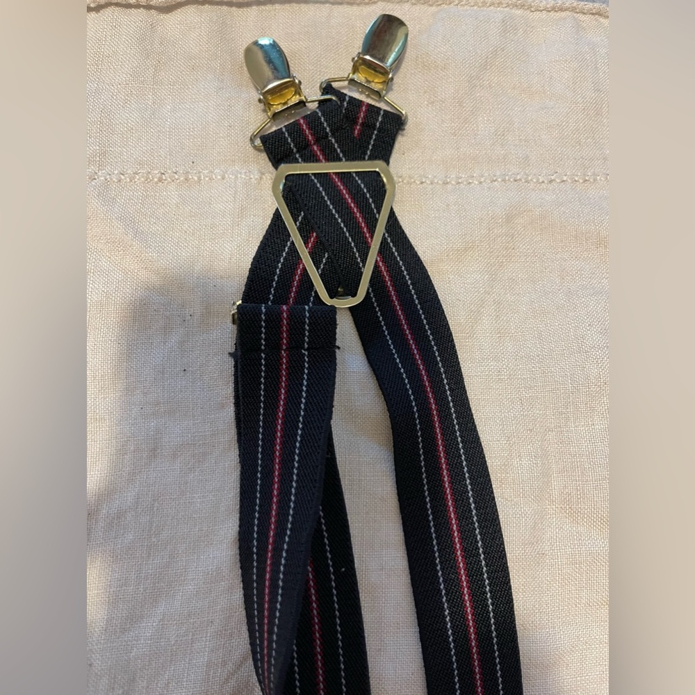 Men’s suspenders, black red gold latches stretch